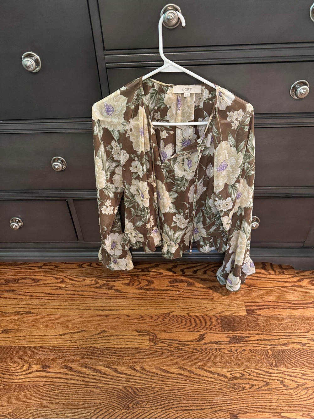LOFT Brown Floral Tie-Neck Blouse with Cream & Lavender Flowers